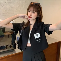 Summer Short Sleeve Blazer Women Streetwear Korean Fashion Vintage Thin Crop Tops Black Suit Casual Loose Jacket 블레이저