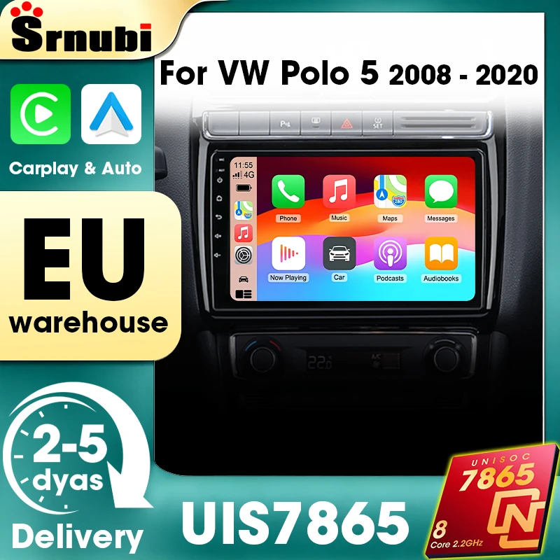 Autoradio GPS Navigation Carplay pour Volkswagen VW Polo 5 2008 - 2020 Android Auto Systèmes Intelligents Automobiles Lecteur Multimédia Vidéo 8-Cœurs 4G WIFI Bluetooth 5.4 DSP Audio Écran Tactile QLED EQ RDS Ventilateur de Refroidissement Intégré Bouton Lumineux