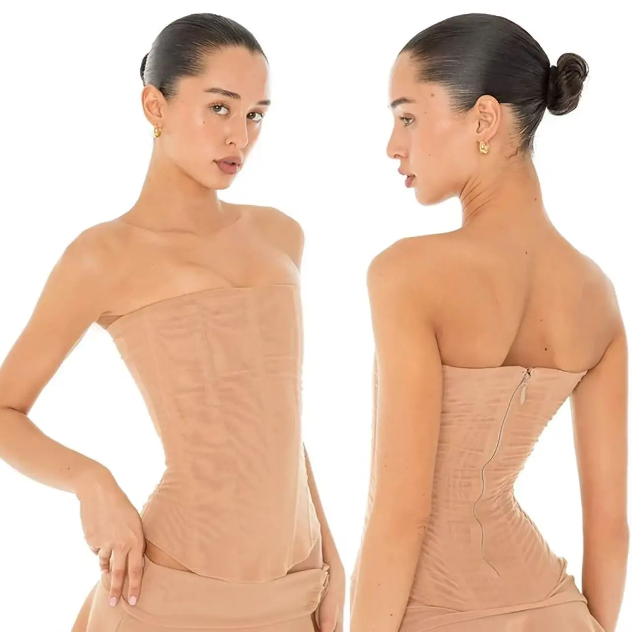 

Solid color fishbone chest strapless one-shoulder waist belt short top