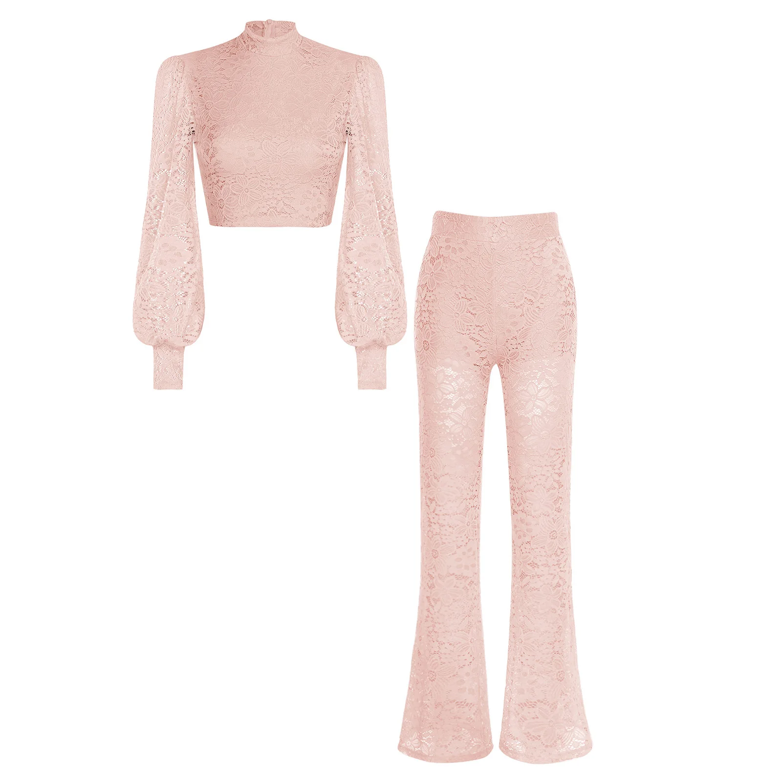

Womens Floral Lace Party Outfit Mock Neck Lantern Sleeve Cropped T-shirt Top And Built-in Shorts Pants Fashion Casual Costume