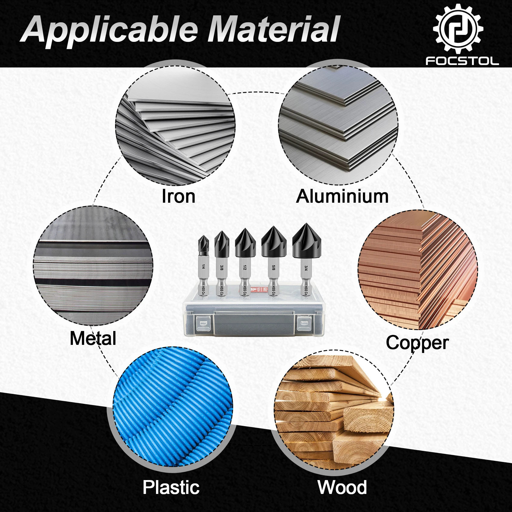 

FOCSTOL Chamfer Bits 5 Pcs M35 HSS Countersink Drill Bits Set For Wood Iron Metal Plastic Deburring Chamfer Quick Fit Shank