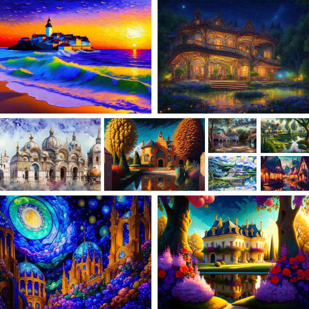 Dreamly House Landscape Coloring By Numbers Painting Set Acrylic Paints 50*70 Paiting By Numbers Handmade For Adults Handicraft