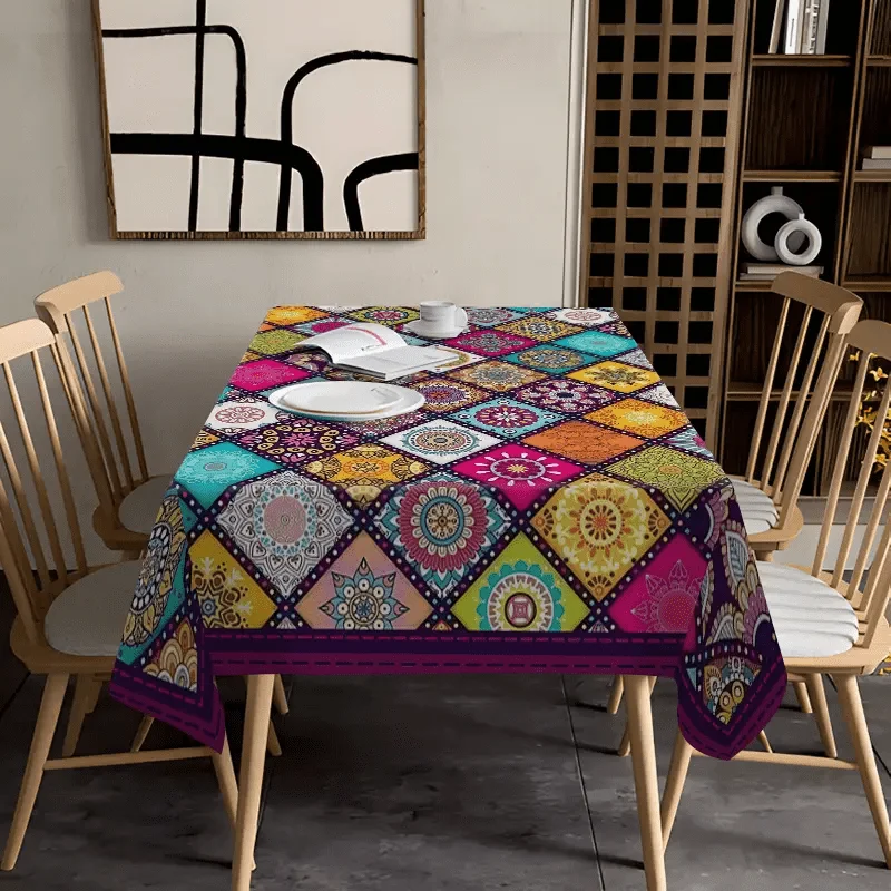 1pc Vibrant Mandala Print Polyester Tablecloth - Machine, Durable & Colorful for Indoor/Outdoor Parties and Kitchen Decor, Perfect for All Seasons, Festive Table Setting | Vibrant Table Decor | Durable Tablecloth, Dining Table Decoration