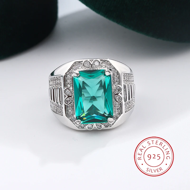 Роскошные женские и мужские обручальные кольца, большие серебряные кольца S925 для мужчин и женщин, желтое золото, винтажные обручальные кольца с квадратным зеленым камнем, подарок