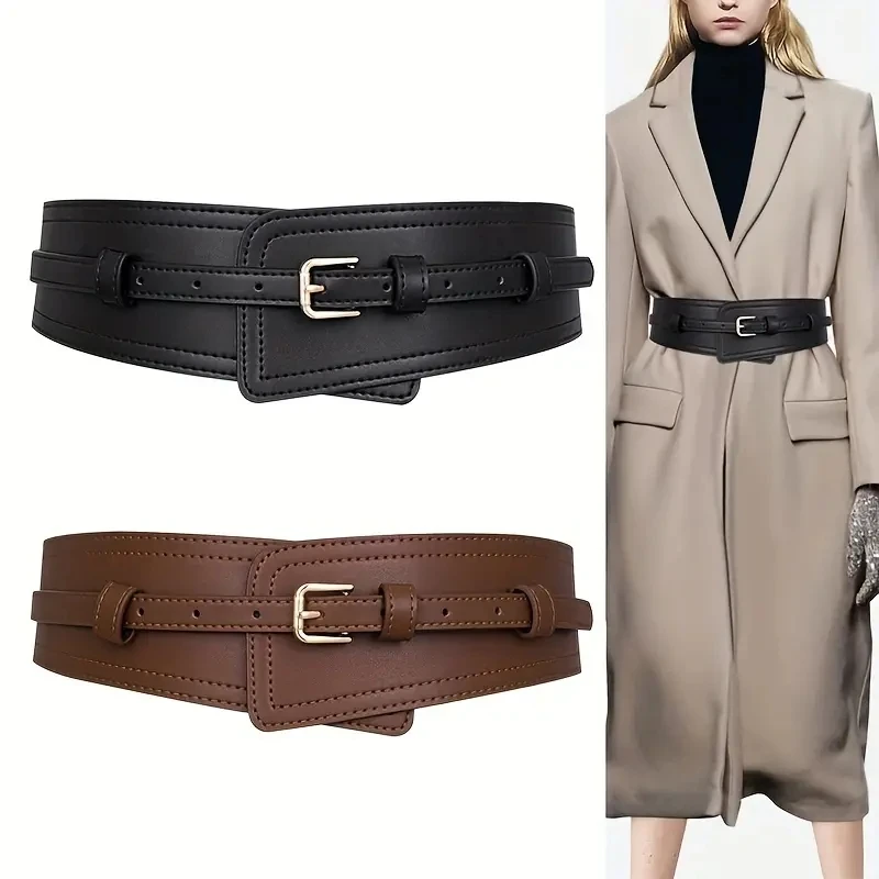 

Trendy Solid Color Genuine Leather Belts Classic Pin Buckle Wide Belts Vintage Waistband Elegant Dress Coat Girdle For Women