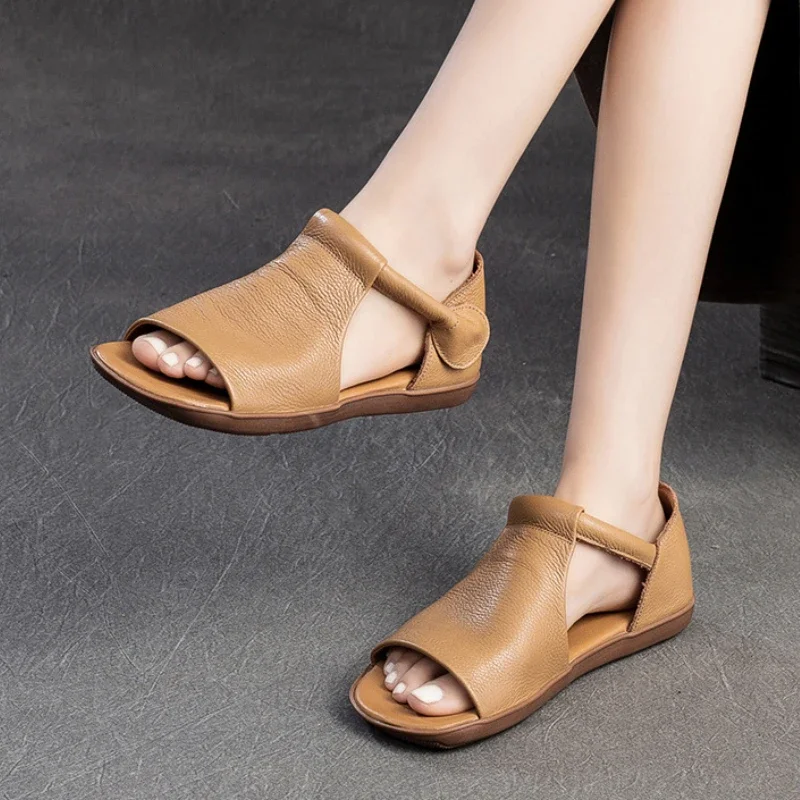 

Genuine Leather Women's Sandals 2026 Summer Flat Peep Toe Retro Handmade Quality Comfortable Outdoor Daily Ladies Shoes Size 40