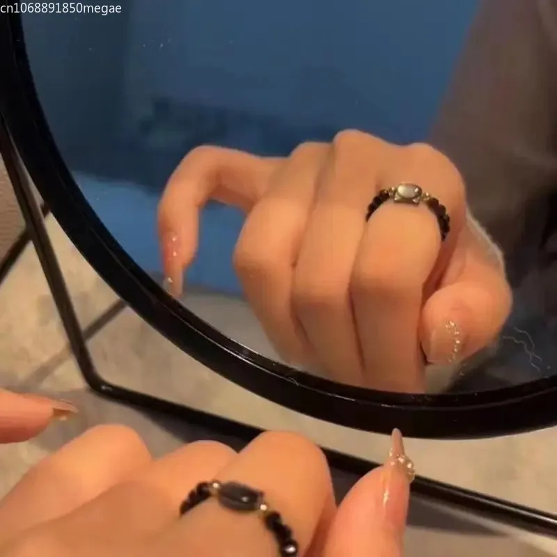 2/1PCS Moonstone Obsidian Rings Minimalist Beads Shell Cat Finger Ring Free Size Accessories for Women Cute Black White