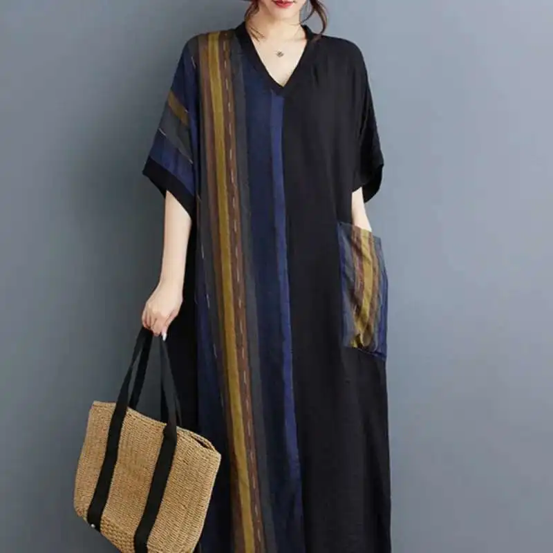 # 3916 Черное хлопково-льняное платье с v-образным вырезом и винтажным принтом, длинное платье-футболка трапециевидной формы, женское тонкое сексуальное летнее платье с короткими рукавами и большими карманами