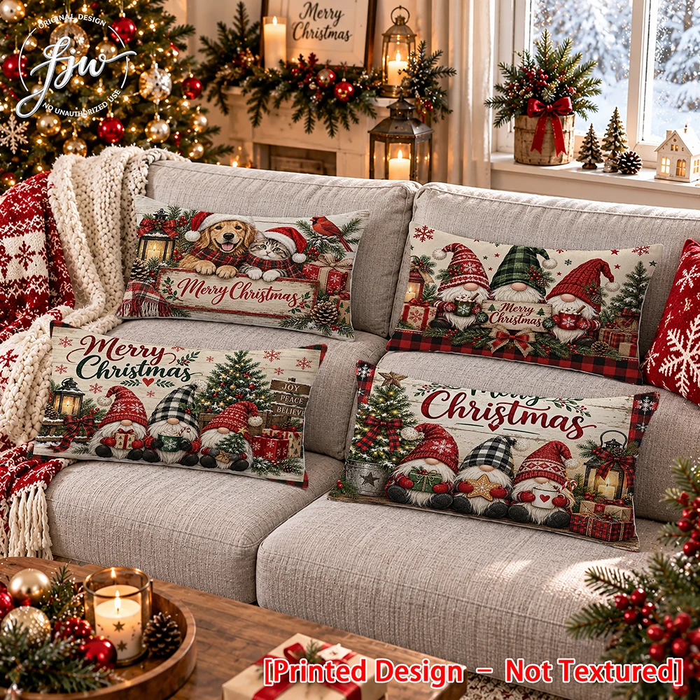 4pc Christmas Gnome Dog Cat Throw Pillow Covers, Winter Holiday Decorative Cushion Cases for Sofa Couch Bed