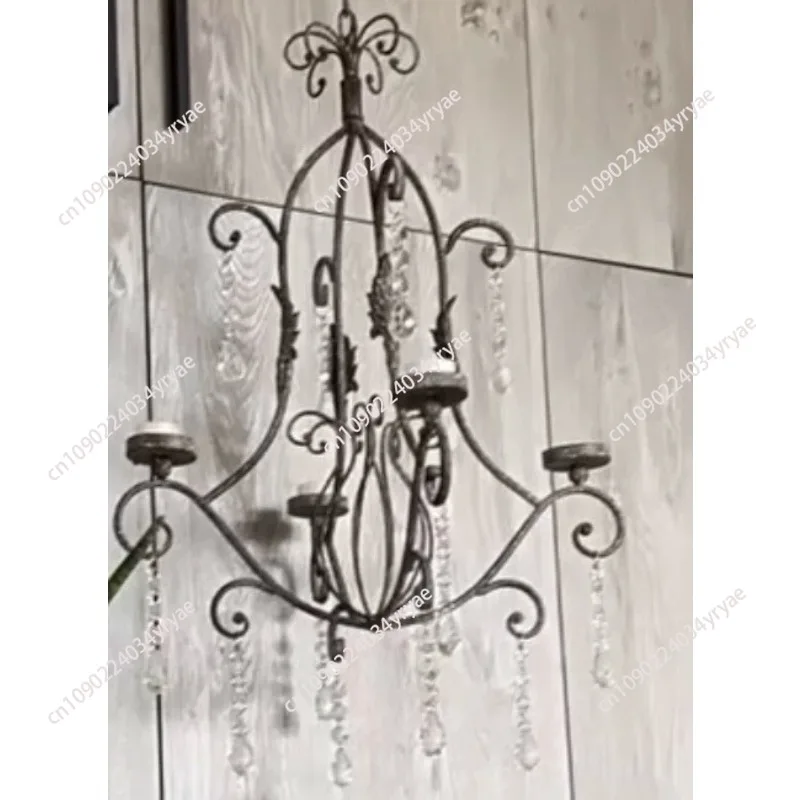Vintage Hanging Candle Holder Chandelier, 4 Glass Votives, Scrollwork Iron Design, 39 x 27 inch