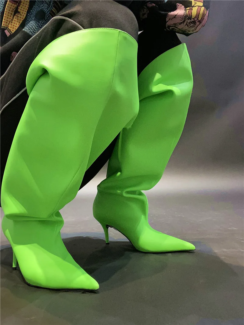 Sexy Wide Large Top Woman Pleated Thigh Boots Thin High Heel Spring Fashion Pointed Toe Pile-Up Knee Boots
