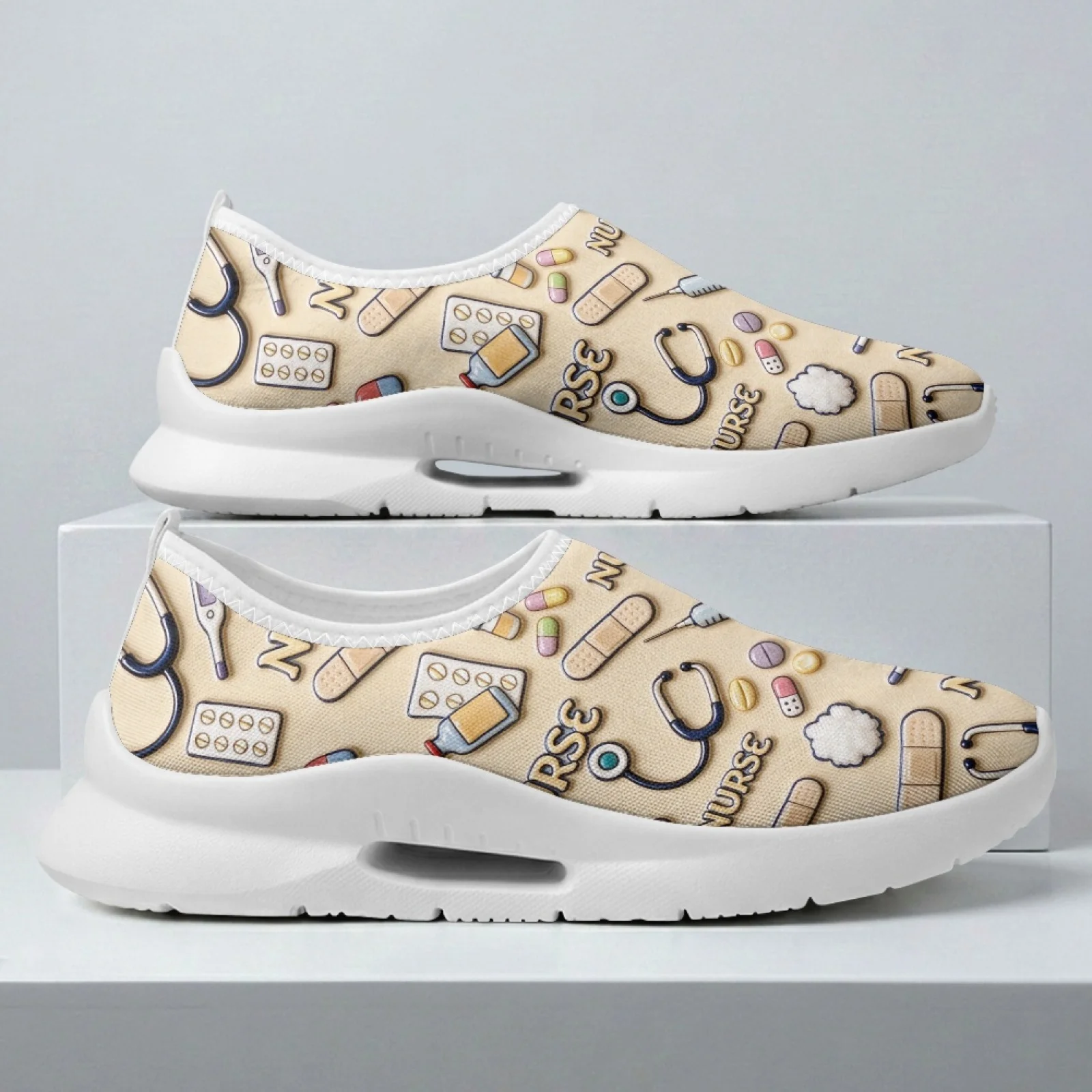 PENSTROLL Medical Nurse Pattern Walking Shoes Nurse Shoes for Women Lightweight Low Top Slip On Casual Shoes