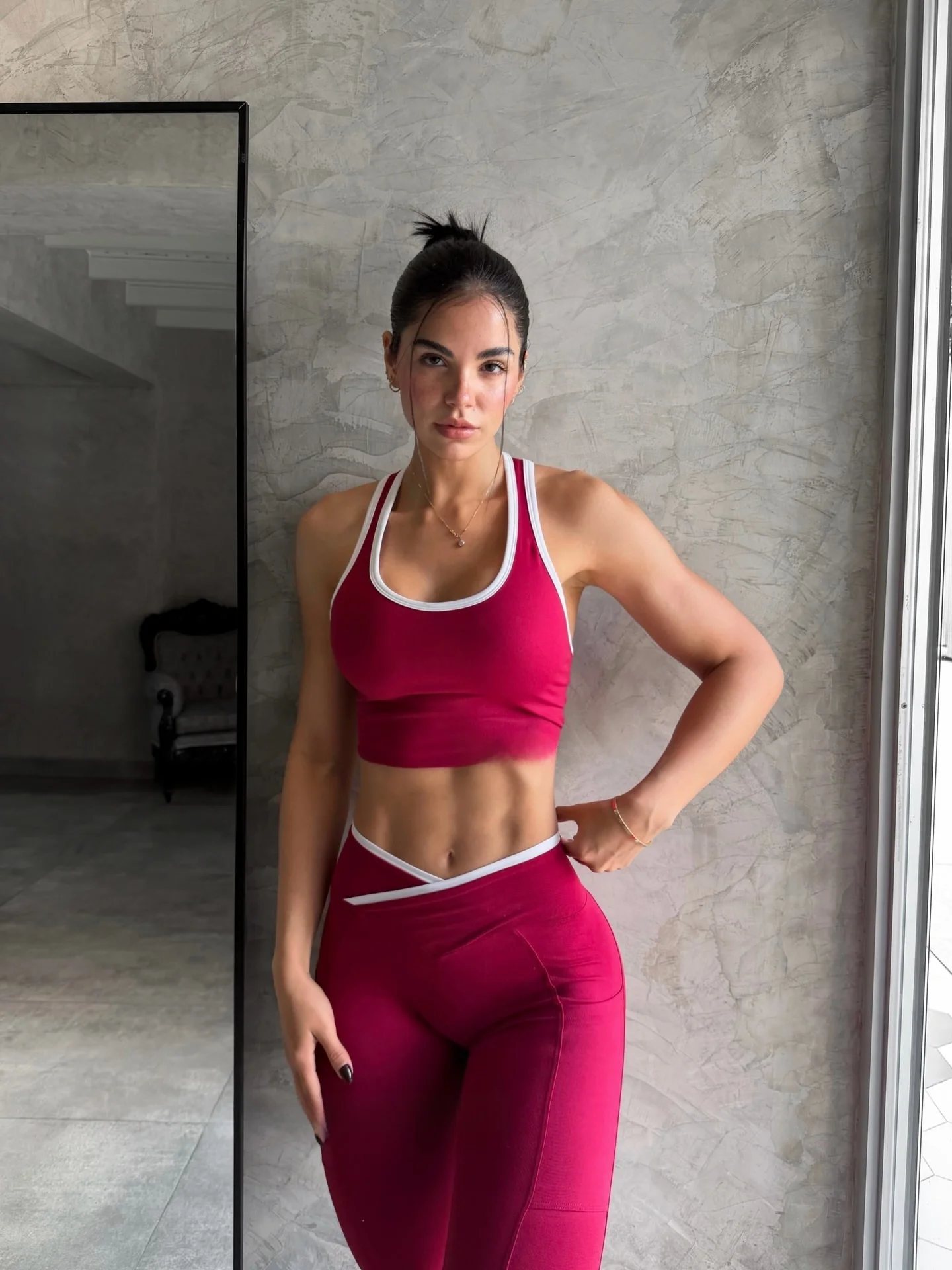 bomb-neck-hanging-gathered-sports-bra-yoga-fitness-gym-high-intensity-v-waist-long-pants-women's-yoga-set-without-sleeve