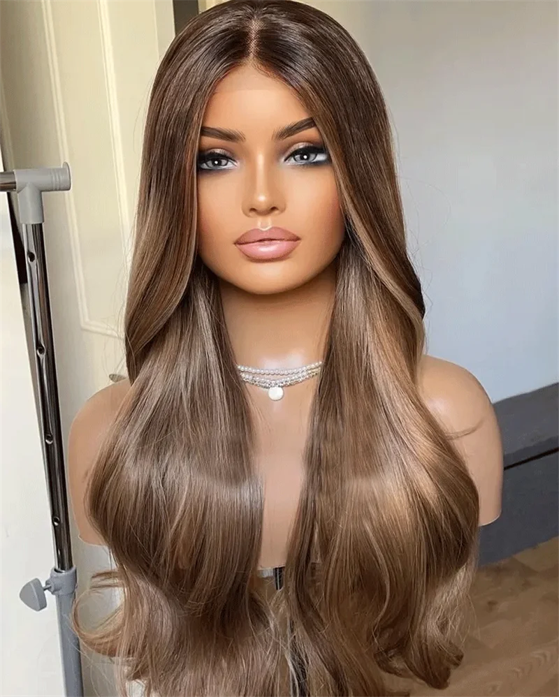 جذور داكنة العسل شقراء شعر مستعار طويل موجة طبيعية الاصطناعية الدانتيل الجبهة الباروكات واقعية نظرة الدانتيل أعلى الباروكات مقاومة للحرارة الاستخدام اليومي #4