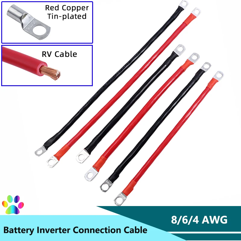 Battery Inverter Connection Cable Set 8/6/4AWG with M8 SC Terminals 10/16/25mm2 UPS Wire Black Red Copper Core Tin-plated Lug