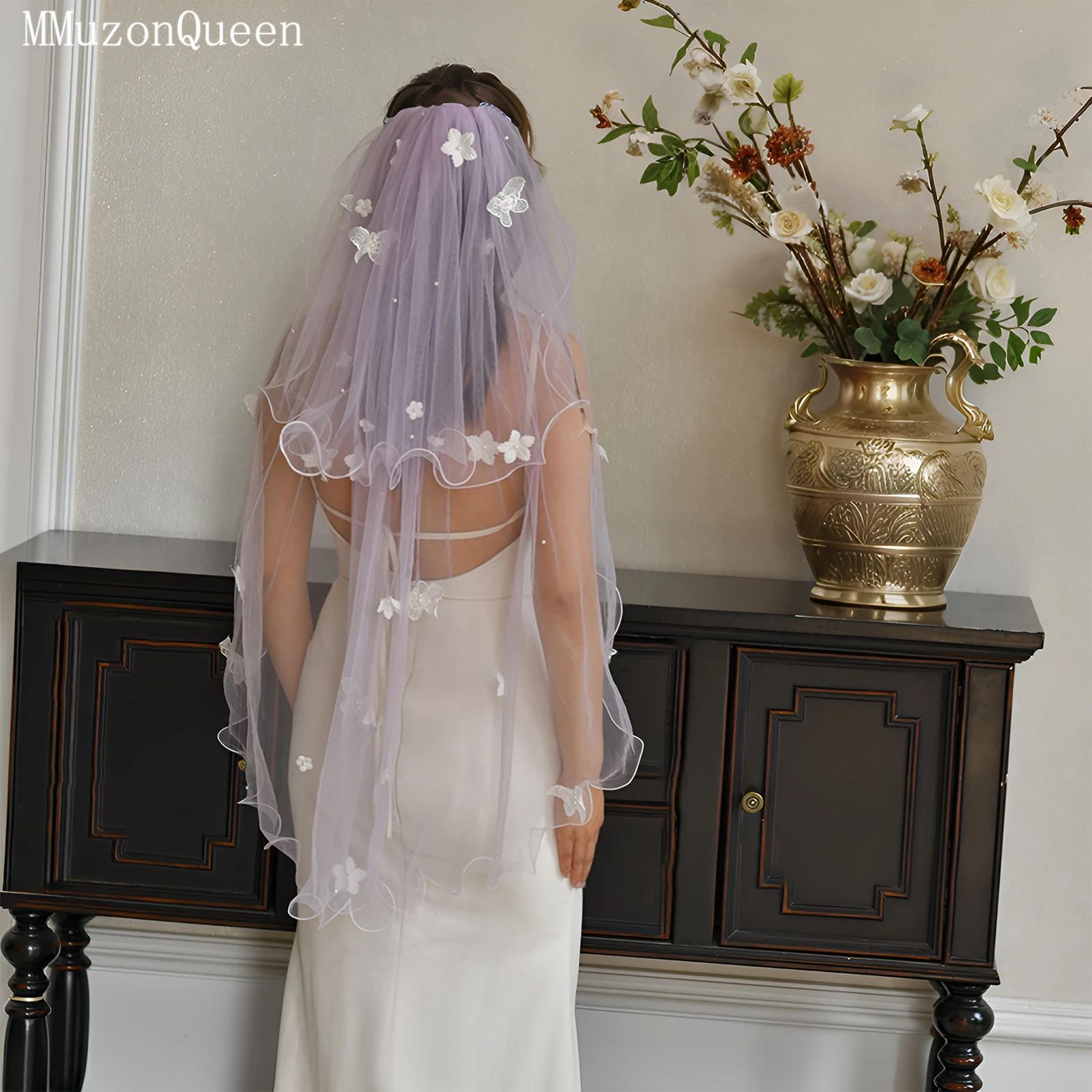 

MMQ 2 Layer Purple Rolled-Up Embroidered Butterfly 3d Flower With Hair Comb Bridal Veil Outdoor Lawn Wedding Accessories M173
