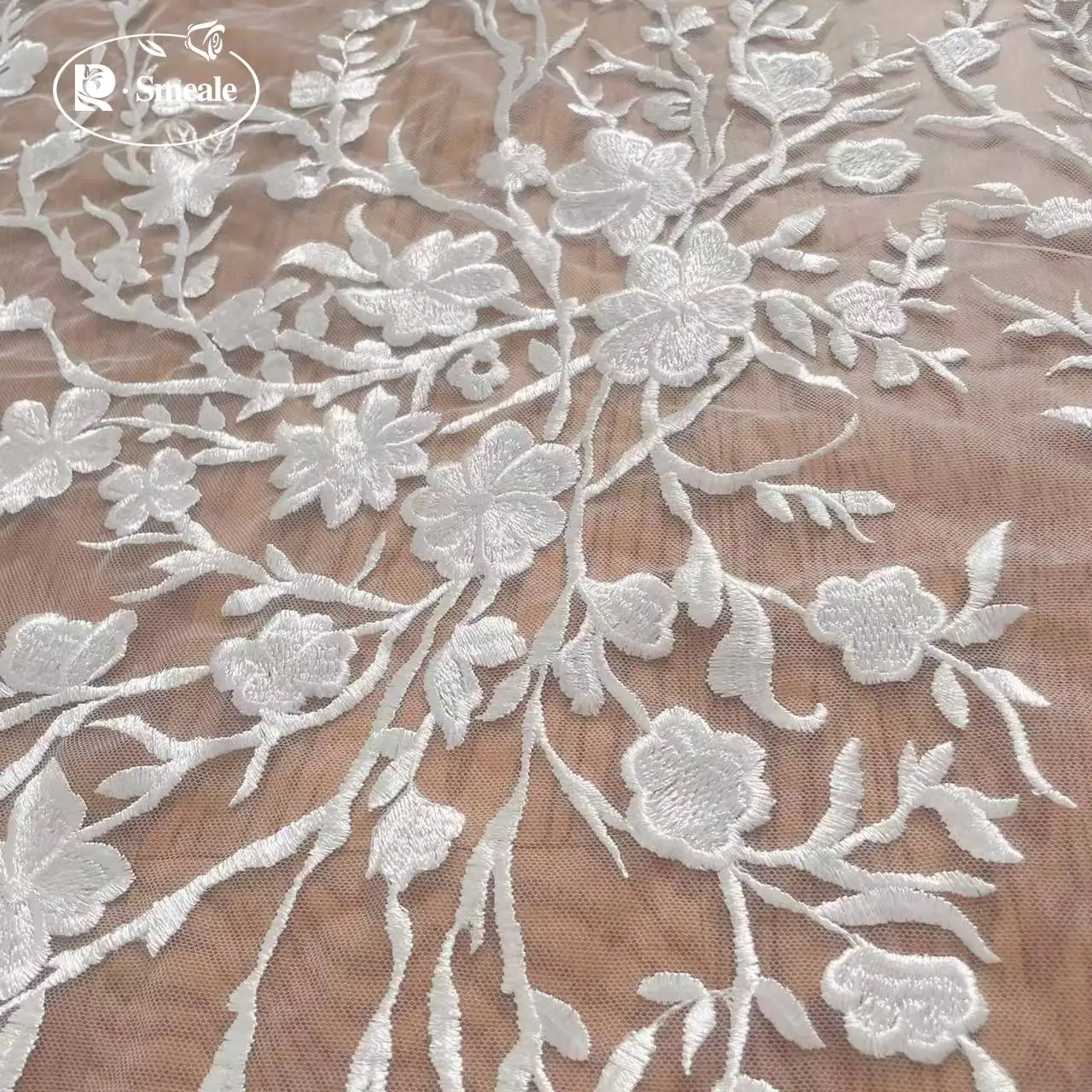 Embroidered Flower Twig Dress Lace Mesh Fabric, white, RS2562
