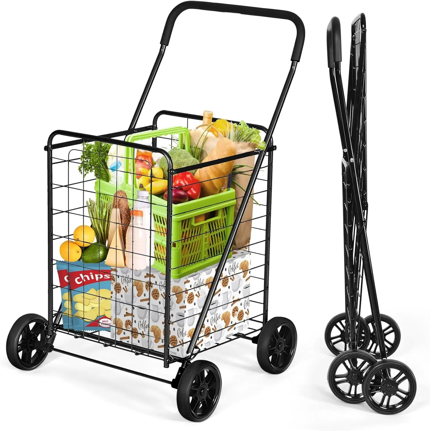 

Foldable Heavy Duty Utility Cart with Large Wheels for Grocery Laundry Luggage, Easy Assembly and Storage