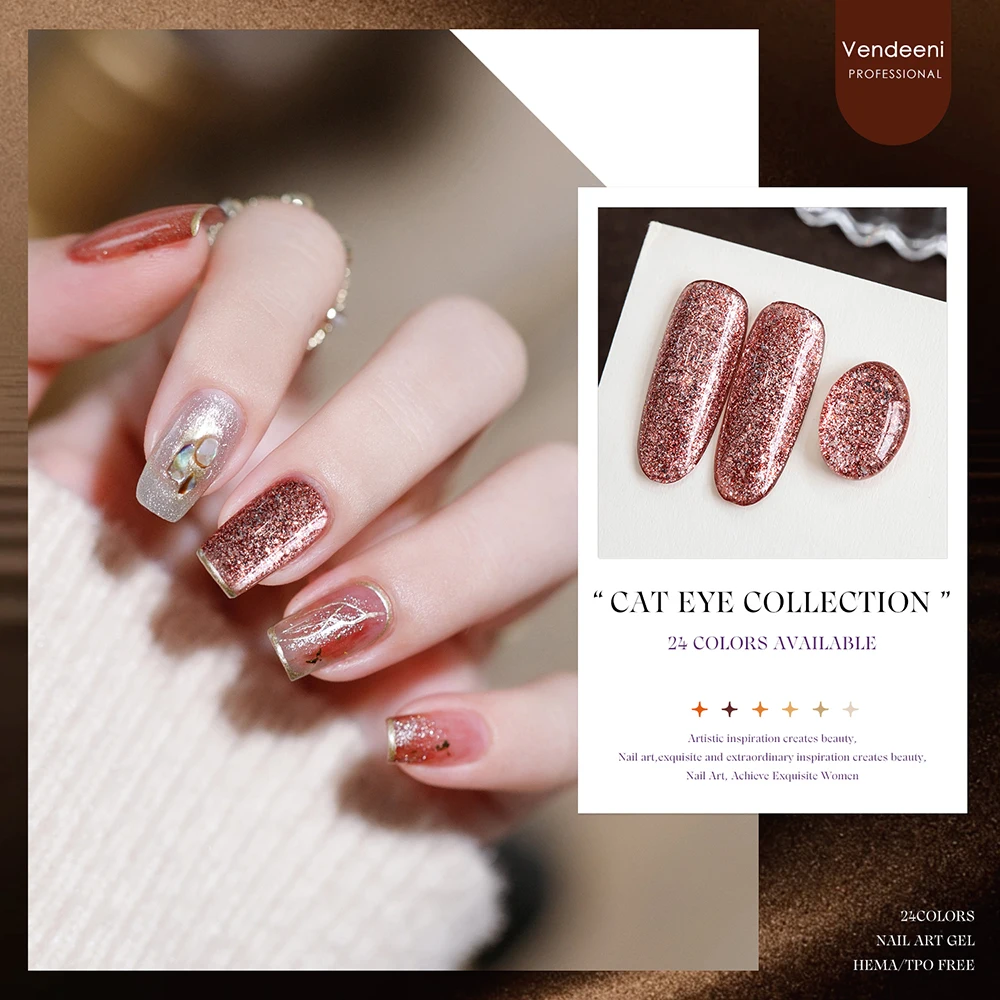 Vendeeni 24 Farben/Set Karamellbrauner Gel-Nagellack Gemischter Glitzer UV LED Aushärtbarer Gel-Lack Magnetisches Katzenaugen-Gel mit Display – Detail 4