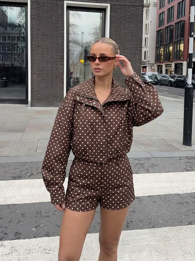 HH Damen Elegante Mode Polka Dot Shorts-Anzüge Lässige Oversize-Jacken mit Hohem Kragen Hochgeschnittene Shorts Vintage Y2K Streetwear-Set