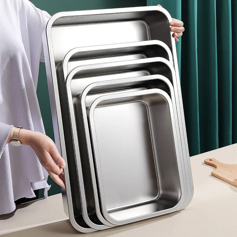 Stainless Steel Rectangle Deepen Storage Tray Dinner Plate Oven Cake Baking Pan Bread Bakeware Food Container Kitchen Accessorie