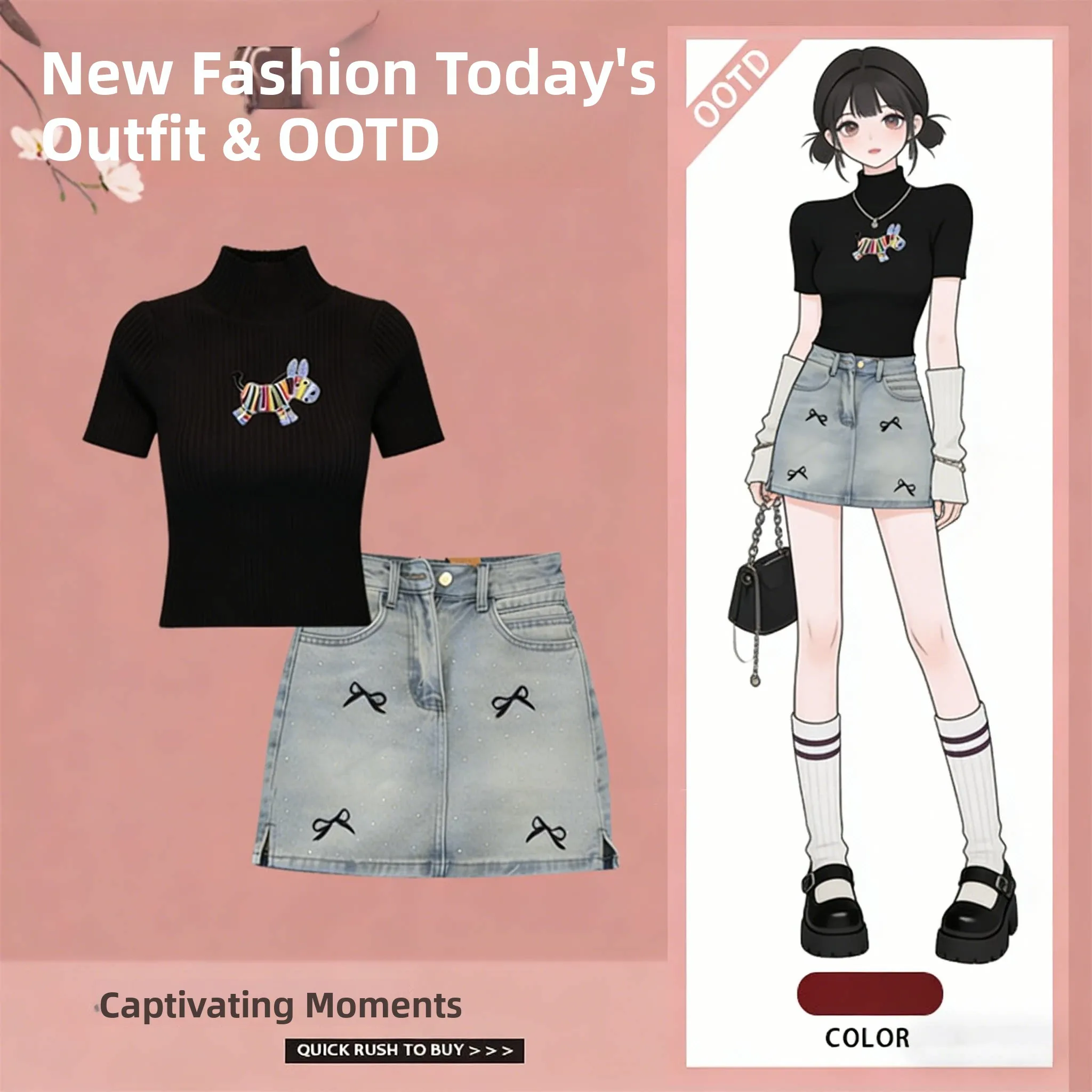 

Весенний модный комплект 2026: женский вязаный топ с вышивкой и короткая джинсовая юбка, облегающий, с высоким воротником, коротким рукавом, цвет баттер...