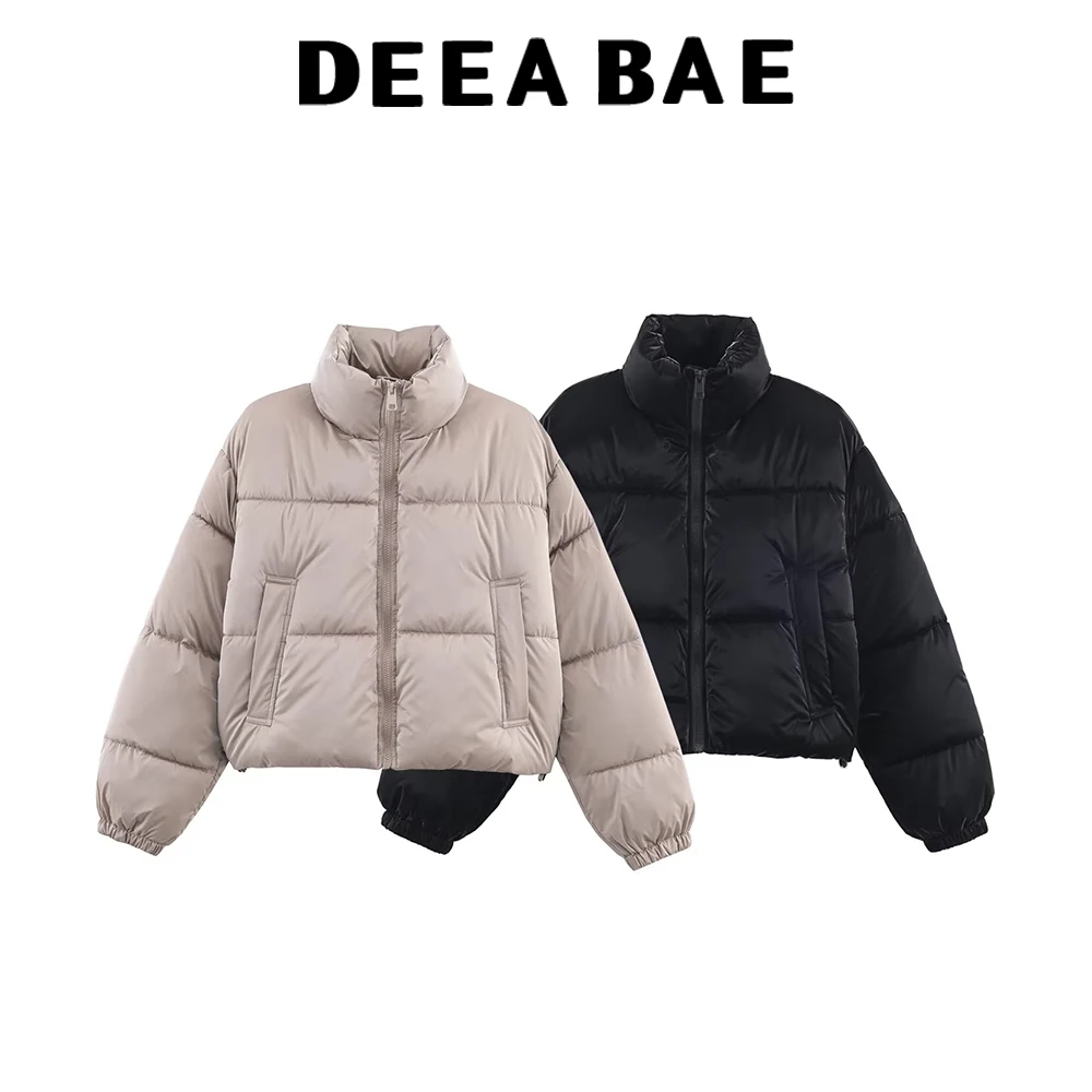 

DEEABAE Winter new women's clothing French design long sleeved stand up collar shiny face hood thick jacket jacket