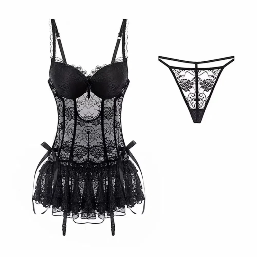 

Элегантная ночная рубашка, кружевные трусы-бретельки, комплект прозрачного сетчатого нижнего белья, униформа, платье, ночная рубашка, облегающий кружевной корсет, юбка, подарки