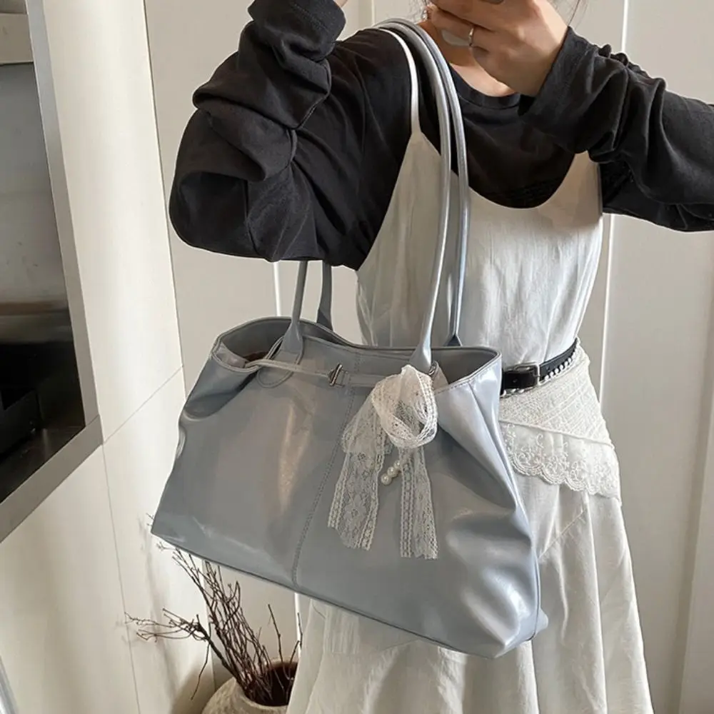 

Cute PU Leather Shoulder Bag Solid Color with Bow Lace Pendant Versatile Armpit Bag Tote Bag Large Capacity Underarm Bag Women