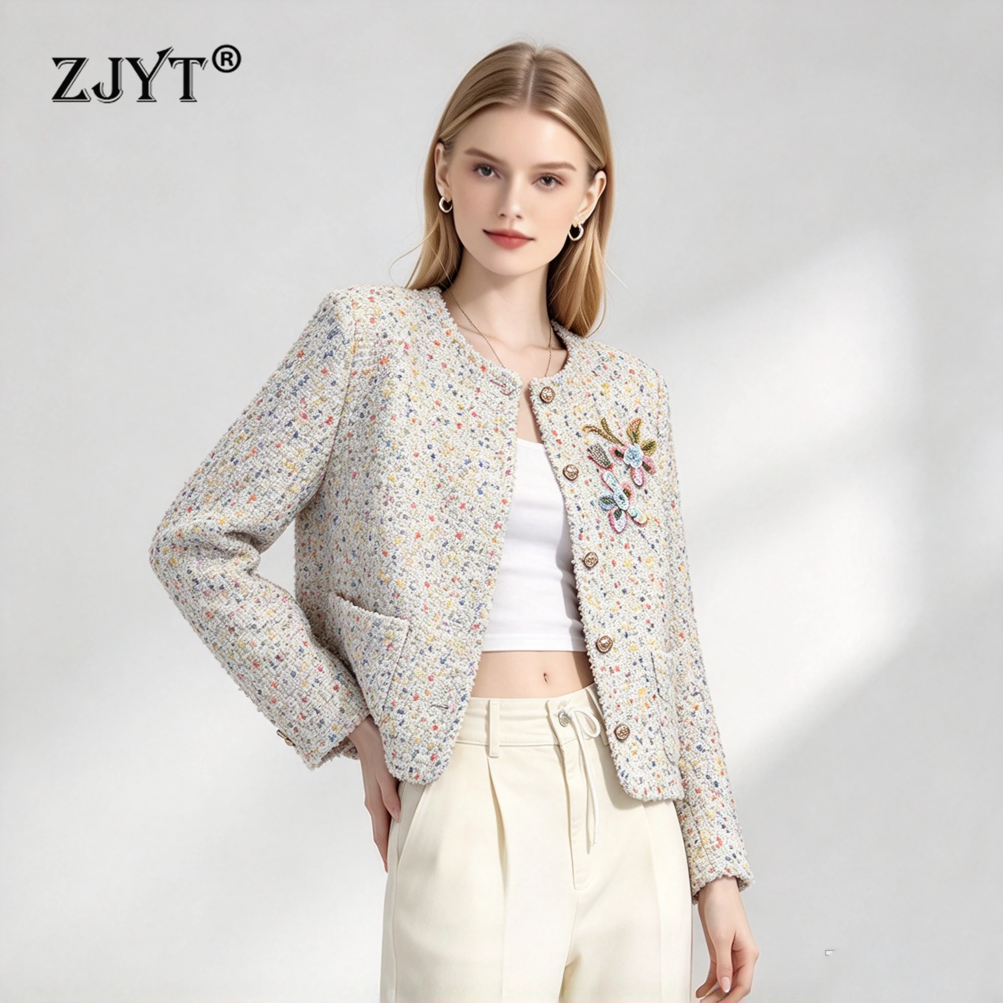 ZJYT Autumn Winter Tweed Woolen Jackets and Coats for Women Fashion Full Sleeves Beading Coat Female Outerwears Loose Tops