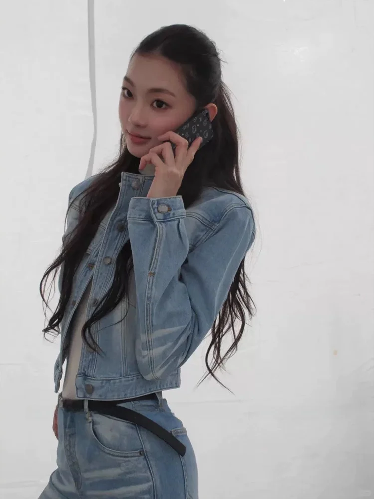 

Women's ort Heavyweight Denim Jaet with -Eye Print And High Collar American Sle Set with Floor-Length Pants