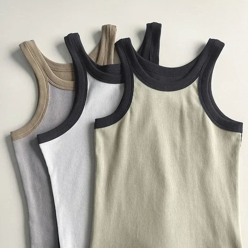 New Organic Cotton Threaded Rib Tank Clashing Color Work Vest Stretch Slim Sports Tank Top