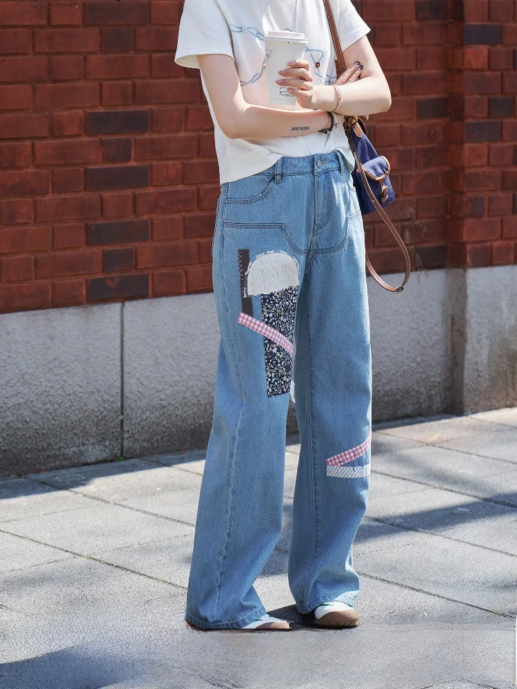 

Джинсы женские прямые с креативным узором в стиле пэчворк, повседневные, с высокой талией, на молнии, летние, с эффектом прохлады