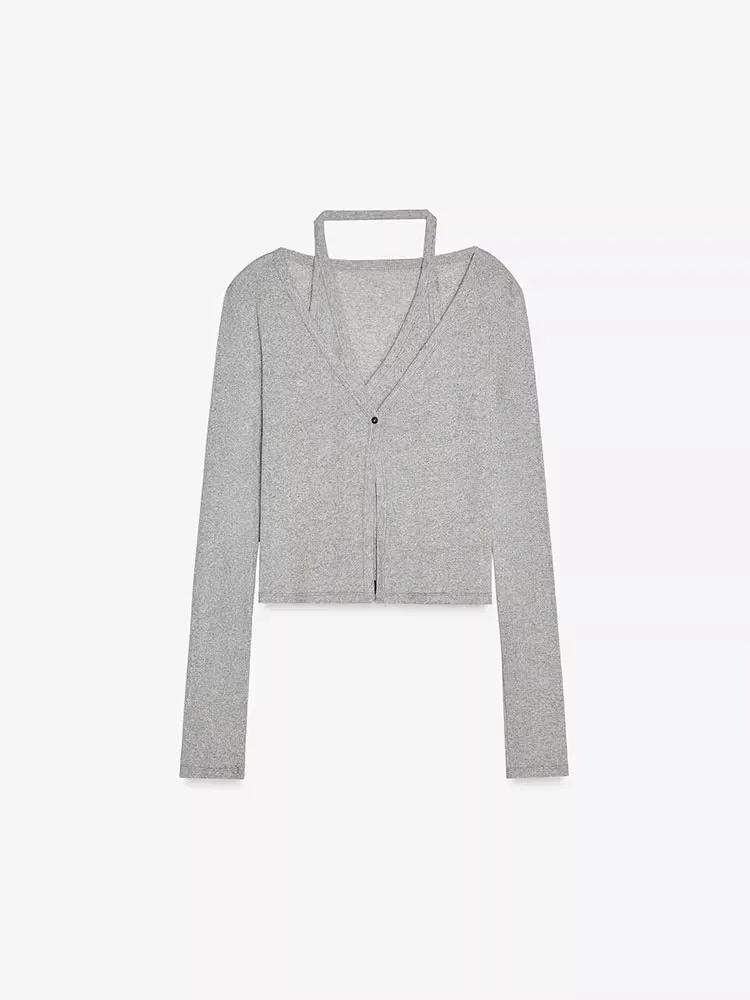 2025년 봄 여성 심플 네크라인 티셔츠 레이어드 긴팔 V넥 자켓 신상 출퇴근 스타일 슬림핏 폴리에스터 니트