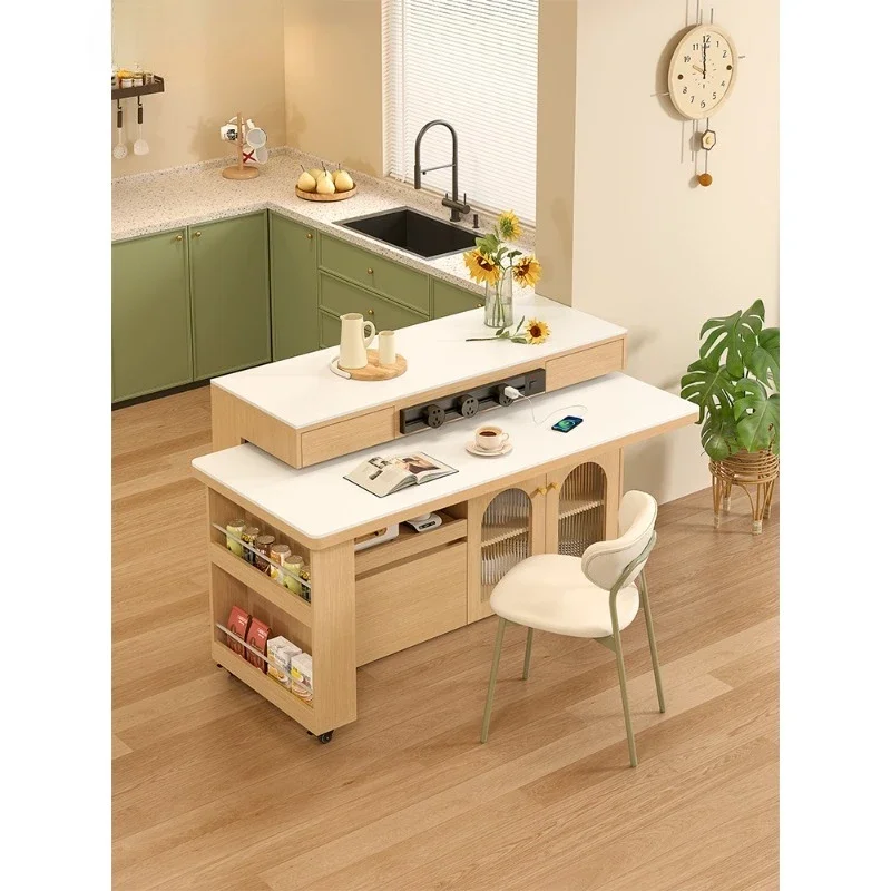 Log wind rock slab island dining table, integrated rotatable and retractable multi-function