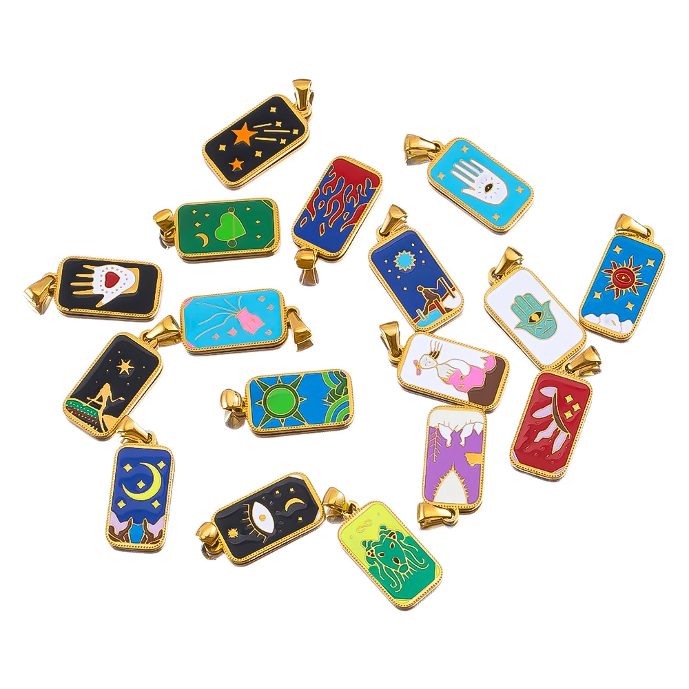 

2pcs Tarot-style 13mm Stainless Steel Square Pendant With Oil Dripping 18K Color Preserving For DIY Necklace Clothing Accessory