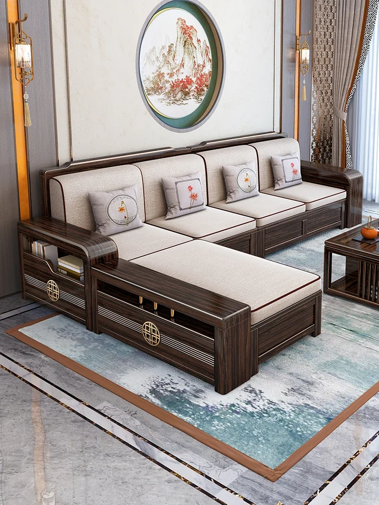 Wujinmu New Chinese-style all-solid Wood cloth sofa Modern Light luxury living Room small Household simple Furniture