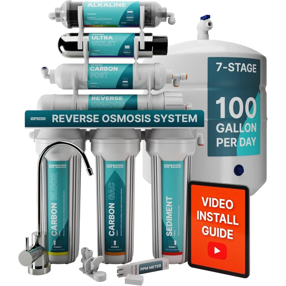 NU Aqua 7-Stage (12 Step Filtration) UV & Alkaline Under Sink Reverse Osmosis Water Filter System - 100 GPD RO Filtration