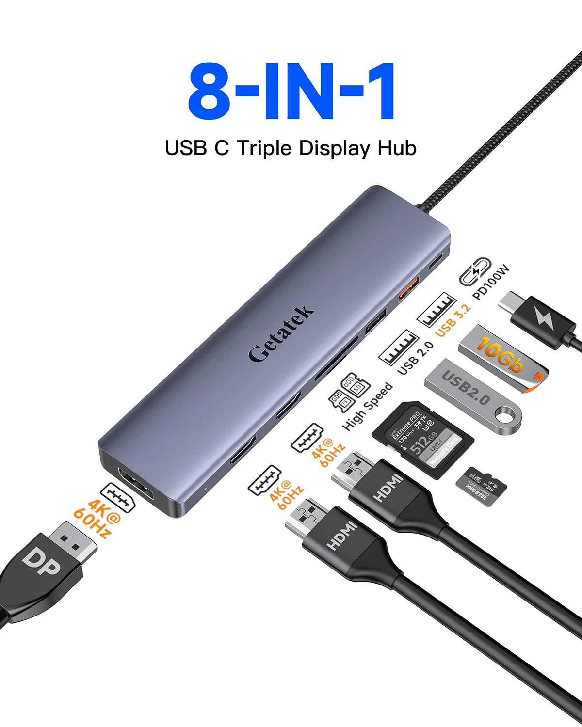 GETATEK 8 in 1 USB C Docking Station 10Gbps USB3.2 4K60Hz HDMI DP PD100W SD TF Card Reader Multiport Hub for MacBook iPad Laptop