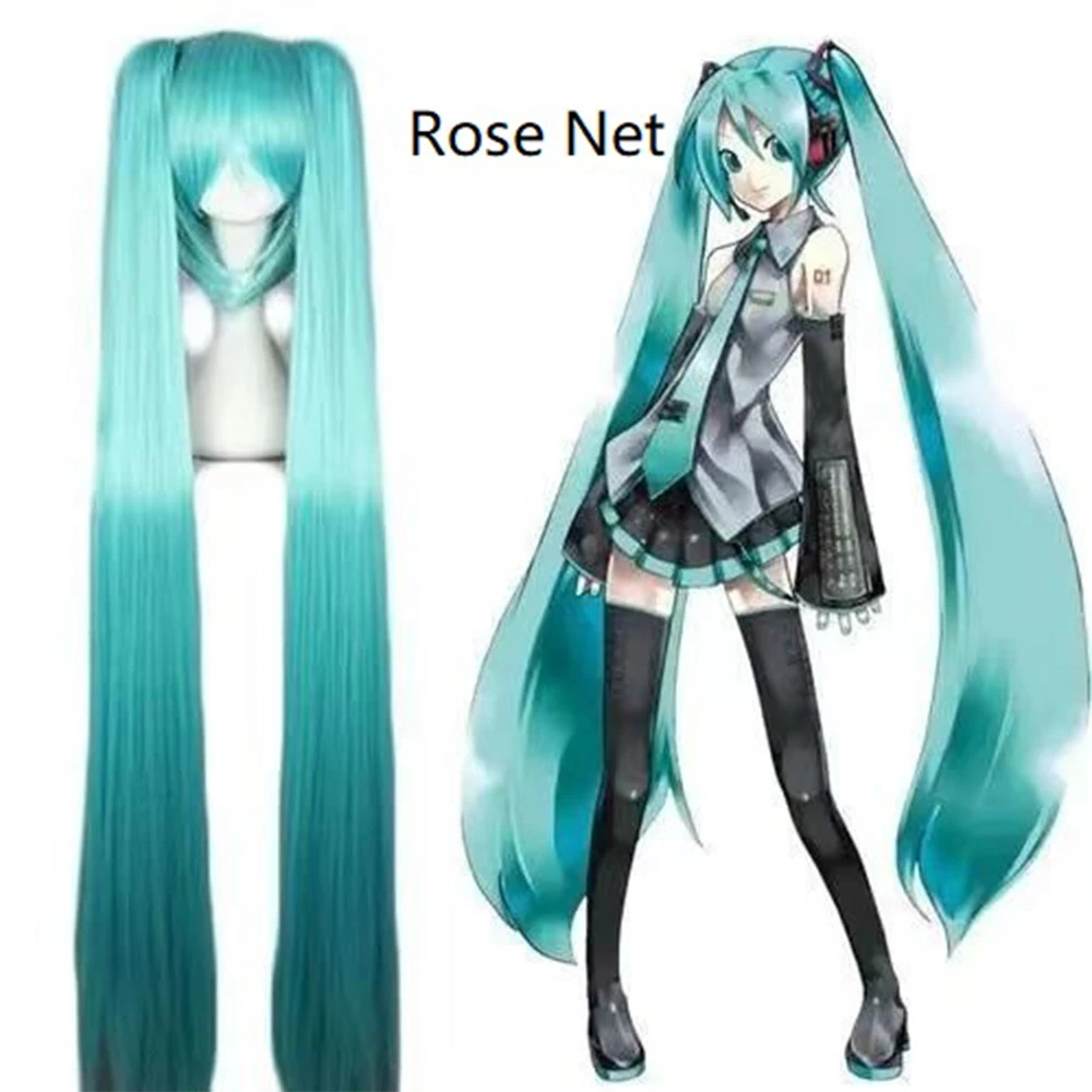 ボーカロイド-初音ミク-クラシックコスプレウィッグ-ブルーグラデーション-ロングポニーテール-ローズメッシュ帽子付き-ハロウィン-ロールプレイングパーティー用ウィッグ