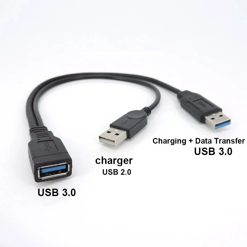 1pc Black USB 3.0 Female To Dual USB Male with Extra Power Data Y Extension Cable for 2.5