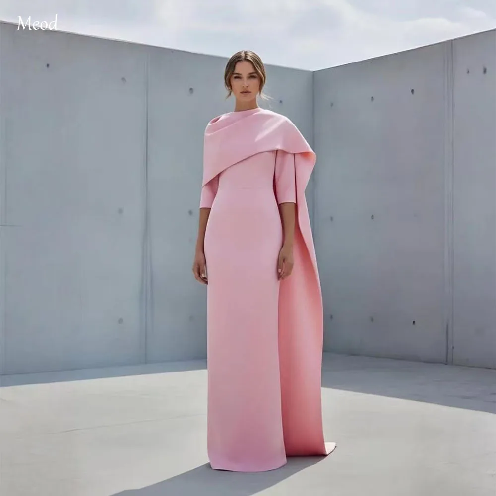 

MEOD Elegant Pink Mermaid Evening Dresses Satin Half Sleeve Floor-length Prom Gown Slit Cloak Robes De Soirée Customized