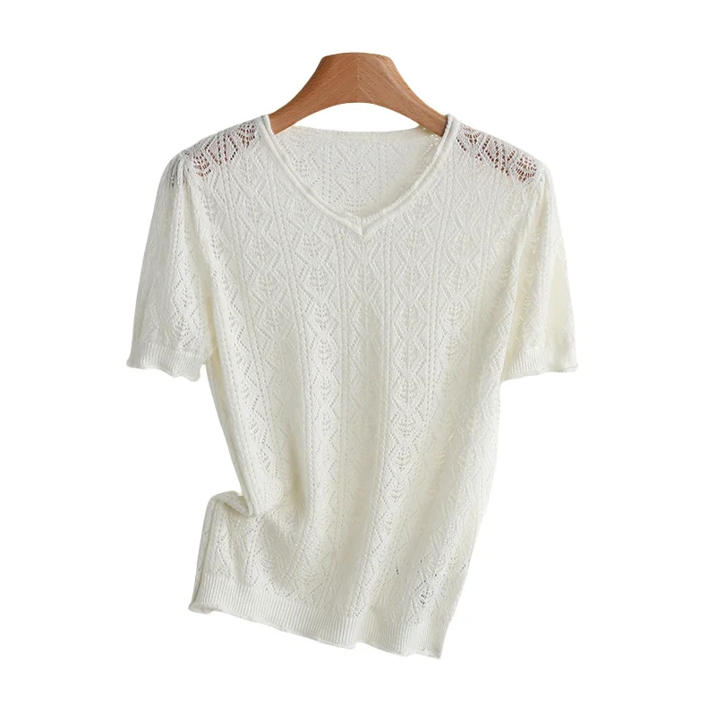 ملابس تريكو نسائية ذات لون بسيط على شكل حرف V مفرغة لخريف 2025 جديدة من الألياف الدقيقة #5
