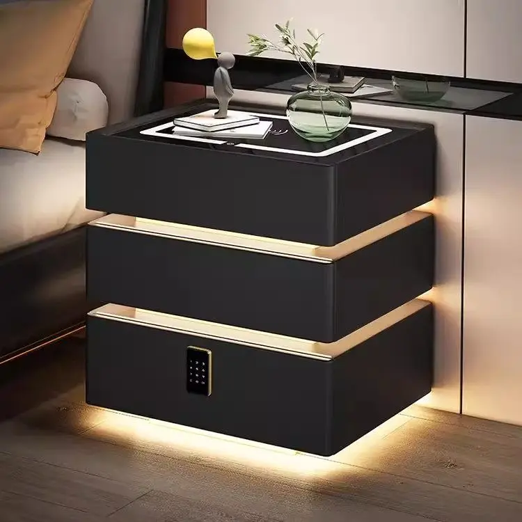 Smart Bedside Table with Three Color Lights, Wireless Charging, Bluetooth Speaker, Fingerprint Lock Bedroom Bedside Table