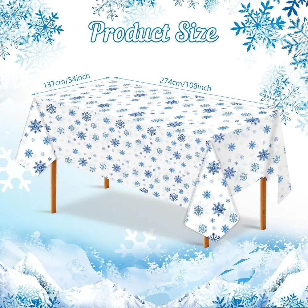 Winter Holiday Snowflake Tablecloth Set, 54x108 Waterproof Disposable White & Blue for New Year Party Decor