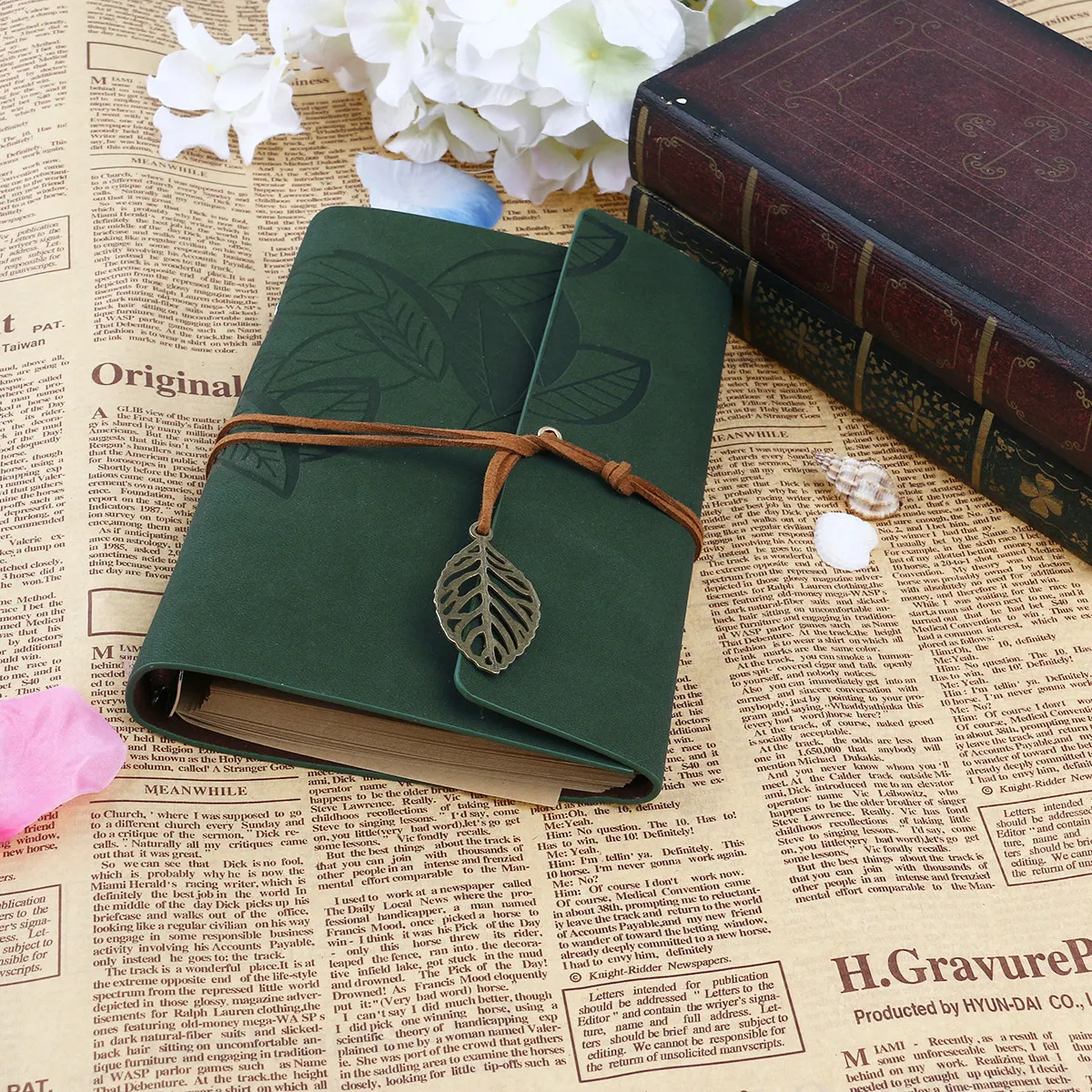 Tinksky Vintage Leaf Pattern PU Cover Blank Notebook Journal Diary 170 Pages Loose Leaf String Bound Travel