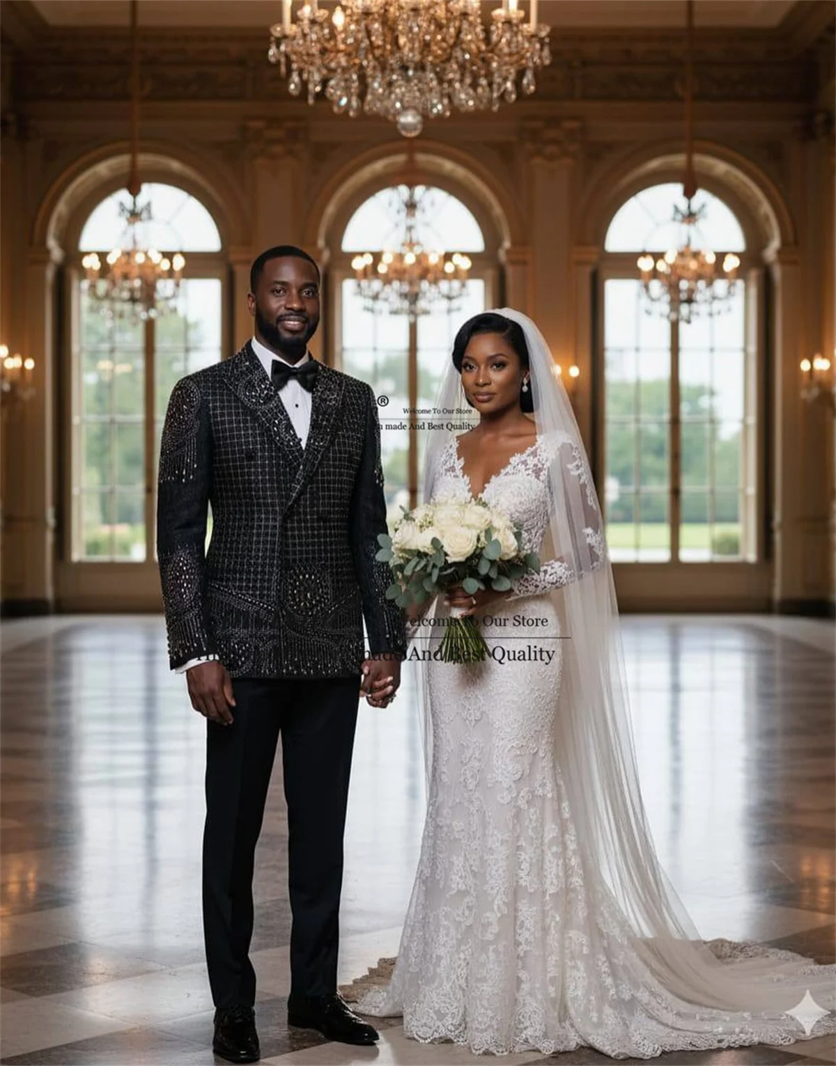 

Glitter Ornament Rhinestone Men Suits Customized Double Breasted Wedding Tuxedos 2 Pieces Sets Party Groom Blazers Costume Homme