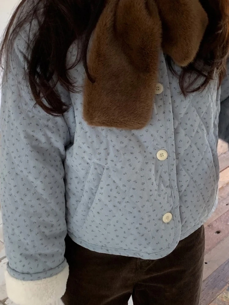 

Floral Print round Ne Double-Sided Wear Warm Cotton Jaet Women's Korean Sle Faionable Anti-Aging ort Outerwear