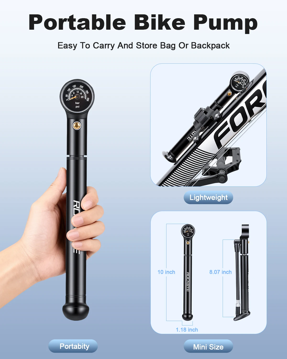 

Awapow Mini Bike Pump with Gauge 300 PSI Bicycle Pump for Presta & Schrader Valve Portable Bike Shock Pump for Front Fork