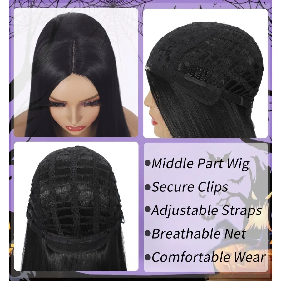 شعر مستعار أسود طويل مستقيم الجزء الأوسط 26 بوصة شعر مستعار صناعي بديل لمهرجان الهالوين والحفلات التنكرية بمظهر واقعي #6